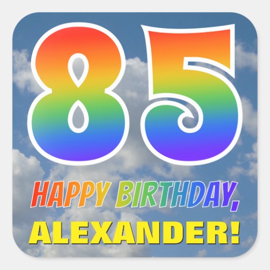 Regenbogen-Look "85" & "HAPPY BIRTHDAY", Wolken, H Quadratischer Aufkleber (Vorderseite)