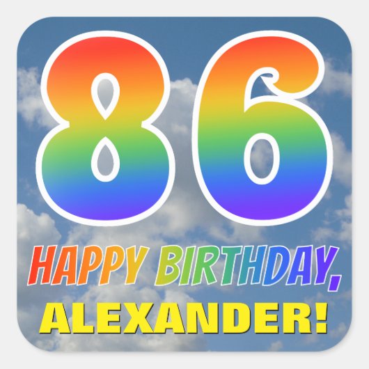 Regenbogen-Look "86" & "HAPPY BIRTHDAY", Wolken, H Quadratischer Aufkleber (Vorderseite)