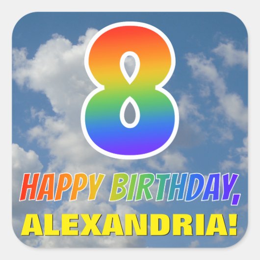 Regenbogen-Look "8" & "HAPPY BIRTHDAY", Wolken, Hi Quadratischer Aufkleber (Vorderseite)