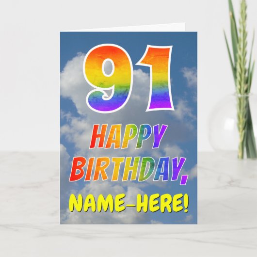 Regenbogen-Look "91" & "HAPPY BIRTHDAY", Wolken, H Karte (Vorderseite)