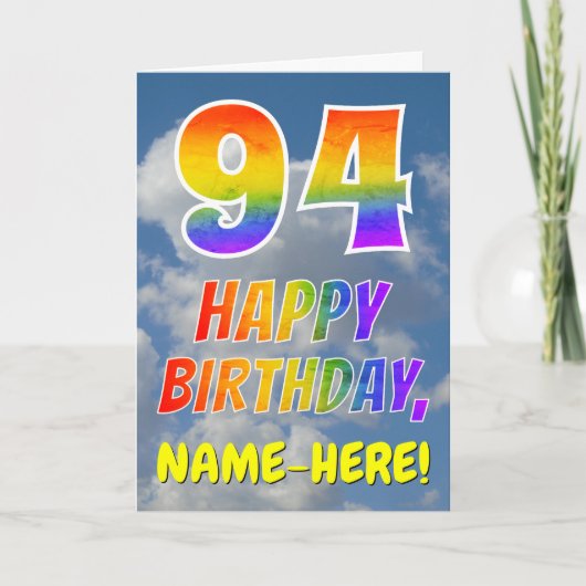 Regenbogen-Look "94" & "HAPPY BIRTHDAY", Wolken, H Karte (Vorderseite)