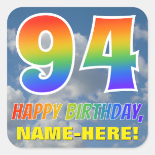 Regenbogen-Look "94" & "HAPPY BIRTHDAY", Wolken, H Quadratischer Aufkleber