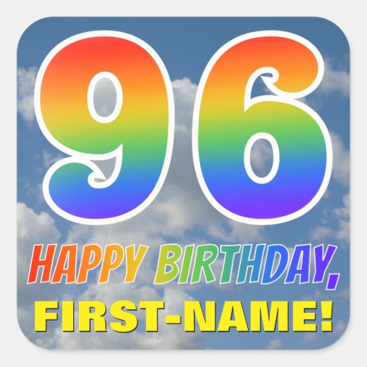 Regenbogen-Look "96" & "HAPPY BIRTHDAY", Wolken, H Quadratischer Aufkleber (Vorderseite)