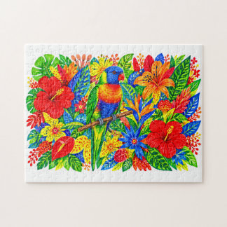 Regenbogen-Lorikeet Tropischer Hibiskus-Lilien-Mar Puzzle