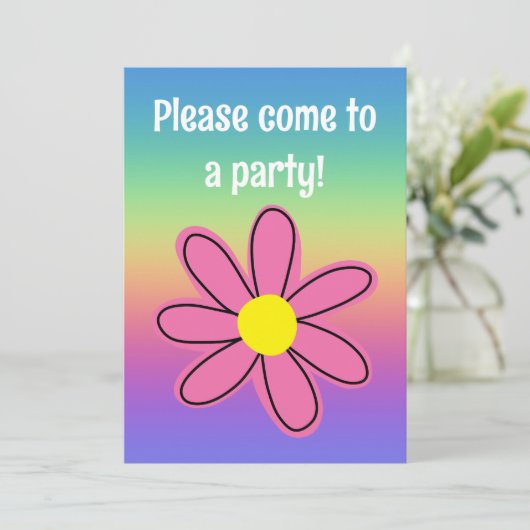 Regenbogen mit rosa Blume Einladung (Stehend Vorderseite)