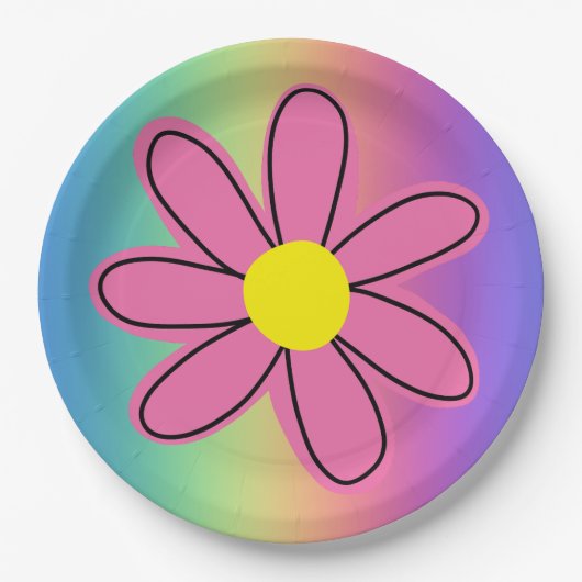 Regenbogen mit rosa Blume Papierplatte Pappteller (Vorderseite)