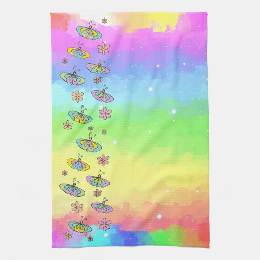 Regenbogen mit Schmetterlingen Geschirrtuch (Vertikal)
