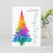 Regenbogen Moderne Weihnachtsbaum Foto Personalize Feiertagskarte (Stehend Vorderseite)