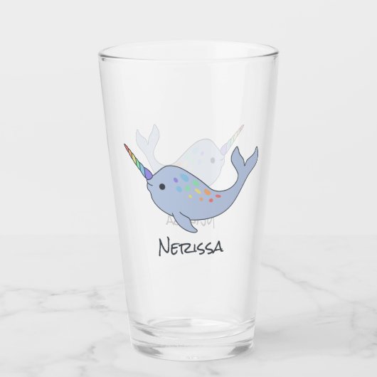Regenbogen Narwhal Namensglas Glas (Vorderseite)