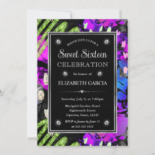 Regenbogen Neon Abstrakt Glitter Rahmen Sweet 16 Einladung
