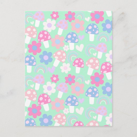 Regenbogen, Niedliche Pilze und Blume Postkarte (Vorderseite)