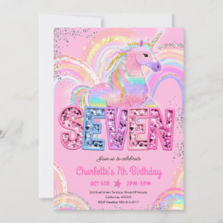 Regenbogen-Pailletten-Einhorn 7. Geburtstag Einladung