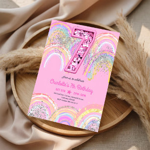 Regenbogen-Pailletten-Glitter 7. Geburtstag Einladung