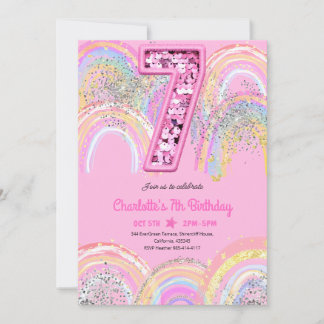 Regenbogen-Pailletten-Glitter 7. Geburtstag Einladung