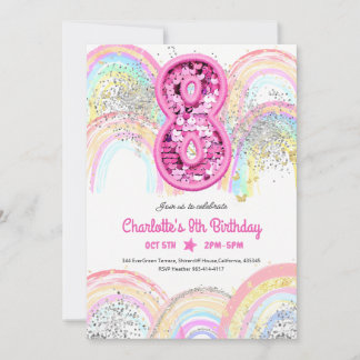 Regenbogen-Pailletten-Glitter 8. Geburtstag Einladung
