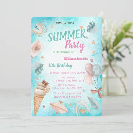 Regenbogen, Palmblättrige Blätter, Ballons Geburts Einladung (Stehend Vorderseite)