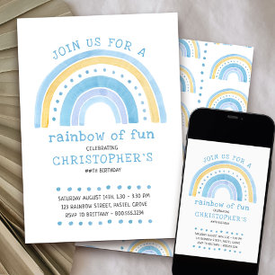 Regenbogen-Pastell-Doodle-Art Jungen-Geburtstagsei Einladung