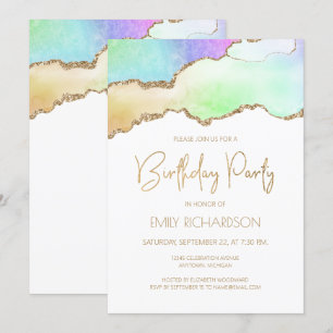 Regenbogen-Pastell-Gold-Achat-Geode Geburtstag jed Einladung