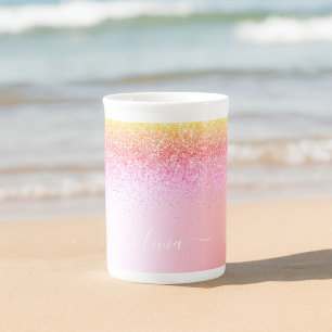 Regenbogen Pastell Mädchen Glitter Metall Monogram Porzellantasse
