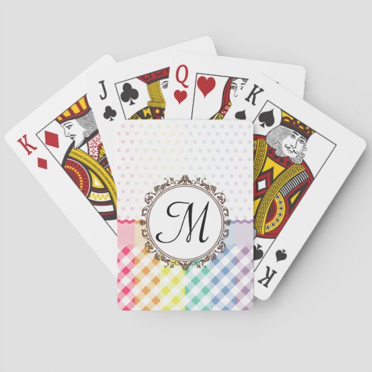 Regenbogen-Punkte-Karos und Streifen mit Monogramm Spielkarten (Rückseite)