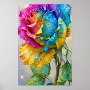 Regenbogen-Rose Funkeln - Rosa Blau Gelb Bunt Poster