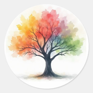 Regenbogen Saisons Tree - Farbenfrohe Wasserfarbe Runder Aufkleber