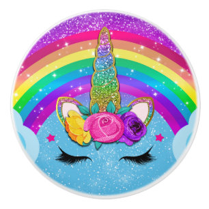 Regenbogen-Schein-Glittery Einhorn-Horn-Gesicht Keramikknauf