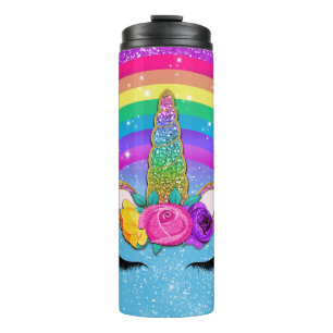 Regenbogen-Schein-Glittery Einhorn-Horn-Gesicht Thermosbecher