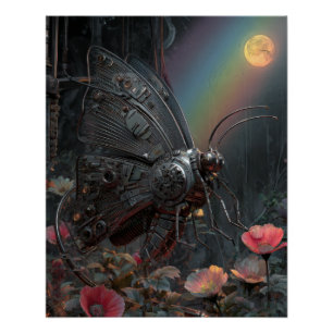 Regenbogen-Schmetterling Dunkle Florale Fantasie Poster