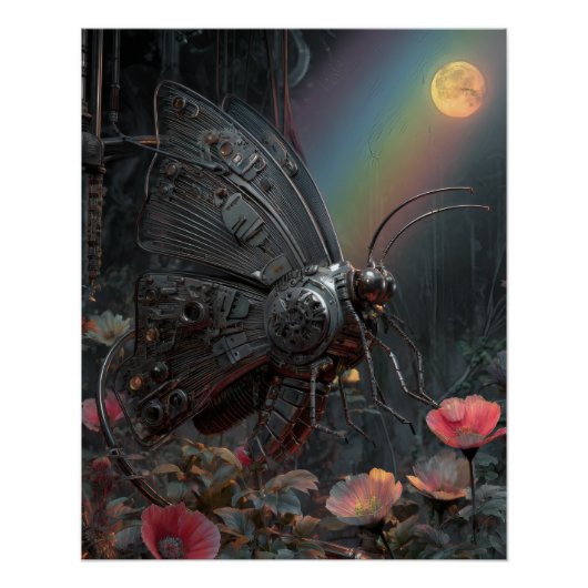 Regenbogen-Schmetterling Dunkle Florale Fantasie Poster (Vorderseite)