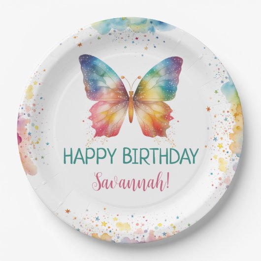 Regenbogen-Schmetterlings-Geburtstag Pappteller (Vorderseite)
