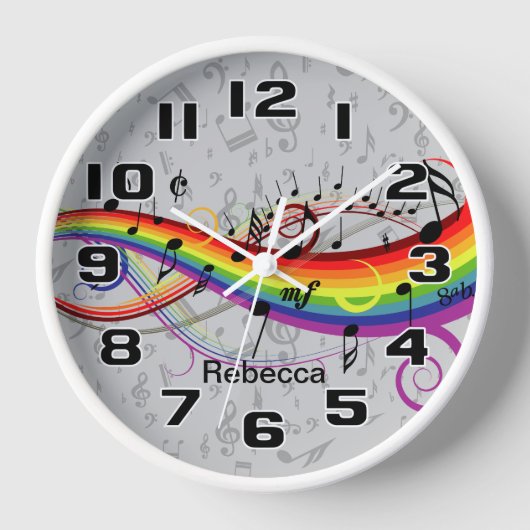 Regenbogen-schwarze musikalische Anmerkungen über Uhr (Vorderseite)