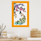 Regenbogen, schwarze Pfau- und Kirschblüten Poster (Küche)