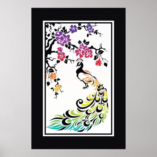 Regenbogen, schwarze Pfau- und Kirschblüten Poster (Vorne)