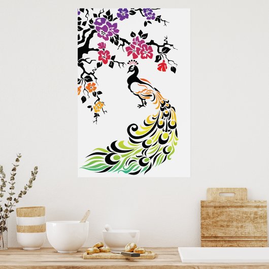 Regenbogen, schwarze Pfau- und Kirschblüten Poster (Küche)