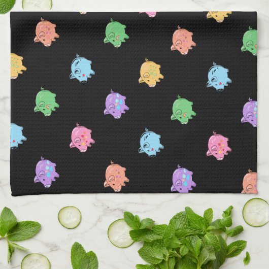 Regenbogen-Schwein-Muster auf Schwarzem Geschirrtuch (Gefaltet)