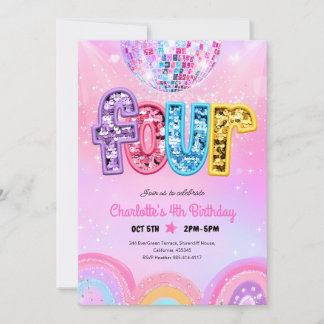 Regenbogen-Sequin-Disco-4.-Geburtstag Einladung