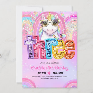 Regenbogen-Sequin-Einhorn 3. Geburtstag Einladung