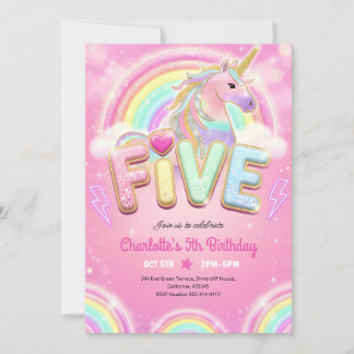 Regenbogen-Sequin-Einhorn 5. Geburtstag Einladung