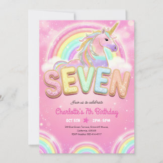 Regenbogen-Sequin-Einhorn 7. Geburtstag Einladung
