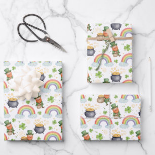 Regenbogen Shamrocks Leprechauns St Patricks Tag Geschenkpapier Set