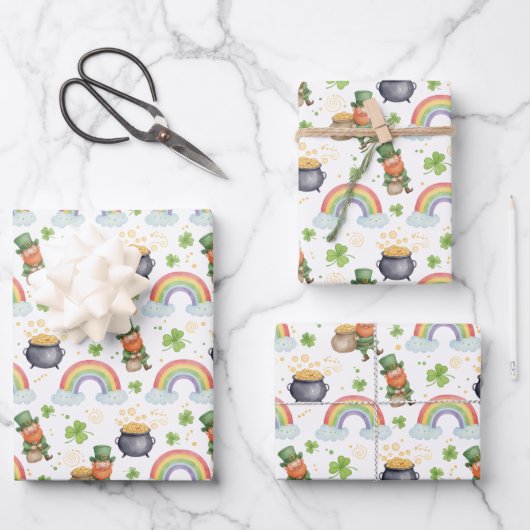 Regenbogen Shamrocks Leprechauns St Patricks Tag Geschenkpapier Set (Vorderseite)