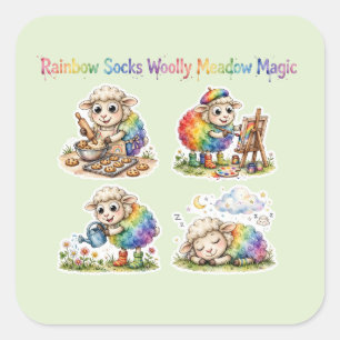 Regenbogen-Socken Wollwiese-Zauber-Aufkleberbogen Quadratischer Aufkleber