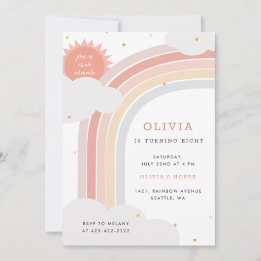 Regenbogen, Sonne und Wolken Geburtstag des Kindes Einladung (Vorderseite)