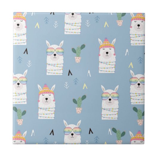 Regenbogen-Sonnenbrille-Lama-Muster Fliese (Vorderseite)