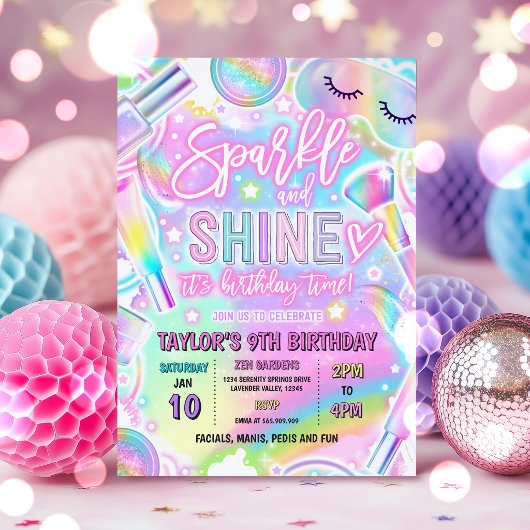 Regenbogen-Spa-Party-Glow-Makeup-Verwöhn-Geburtsta Einladung