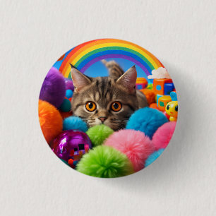 Regenbogen-Spielzeit-Kätzchen Niedliches Tabby-Kat Button