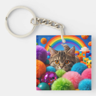 Regenbogen-Spielzeit-Kätzchen Niedliches Tabby-Kat Schlüsselanhänger
