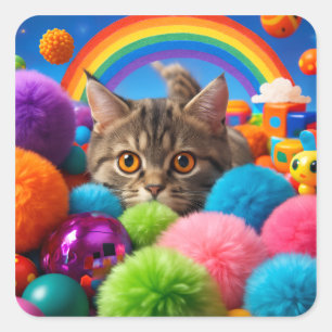 Regenbogen-Spielzeit-Kätzchen Süße getigerte Katze Quadratischer Aufkleber