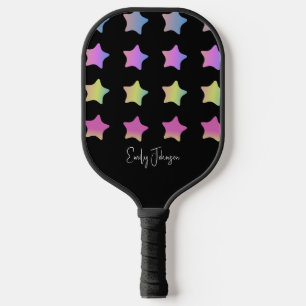 Regenbogen-Sterne-Gradient Schwarz Schrift Name Pickleball Schläger